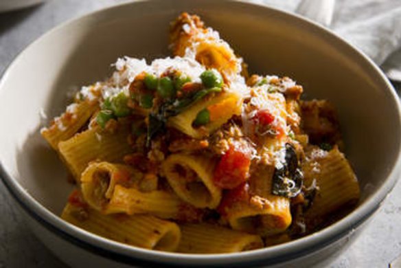 Ragu alla Bolognese with peas and basil.