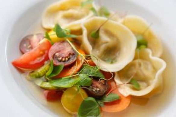 Tortellini with celeriac, basil and confit tomatoes.