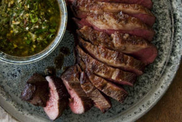 Barbecued tri-tip with coriander chimichurri.