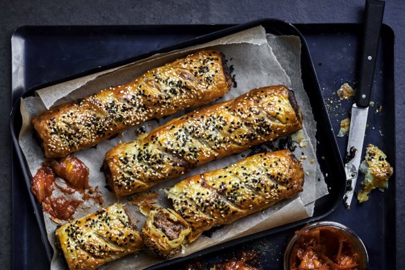 Sticky Korean beef sausage rolls with kimchi. 