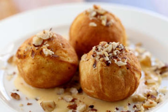 Pancakes plus profiteroles: Profiterjes filled with chocolate-hazelnut sauce.