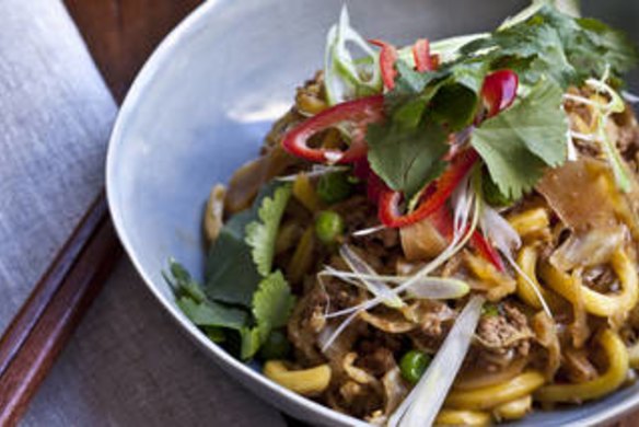 Chow mein-style pork  with cabbage, peas and hokkien noodles.