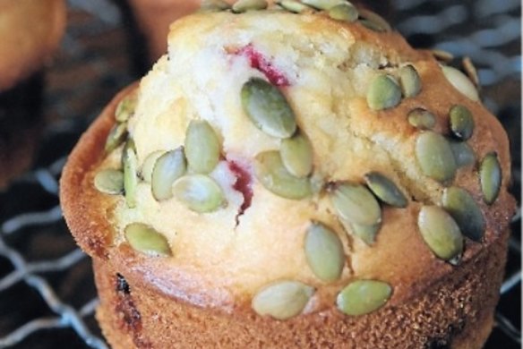 Strawberry and white chocolate muffins with pepitas
