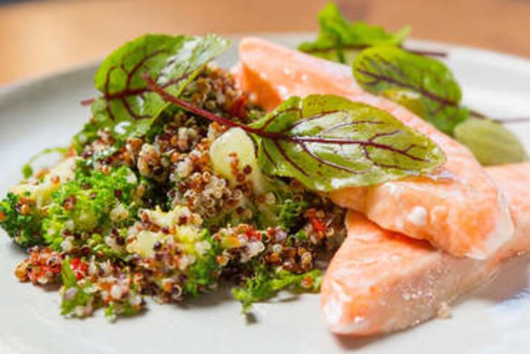 Poached ocean trout with quinoa, kale, goji berry and broccoli salad.