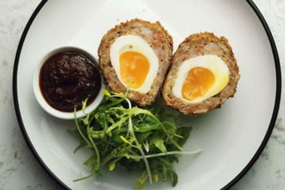 SYDNEY, AUSTRALIA - MAY 05:  Scotch Egg with house made ketchup at Hunter Gatherer on May 5, 2016 in Sydney, Australia.  (Photo by Christopher Pearce/Fairfax Media)