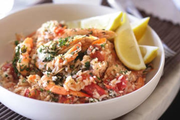 Prawn pilaf with feta, oregano and lemon.