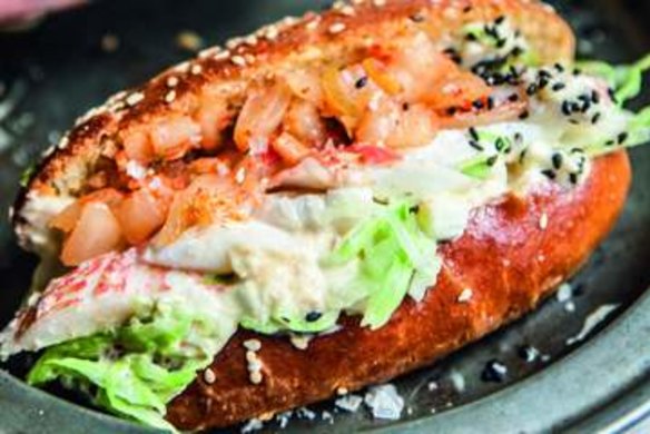 Brioche rolls with crayfish, kimchi and sesame mayonnaise.