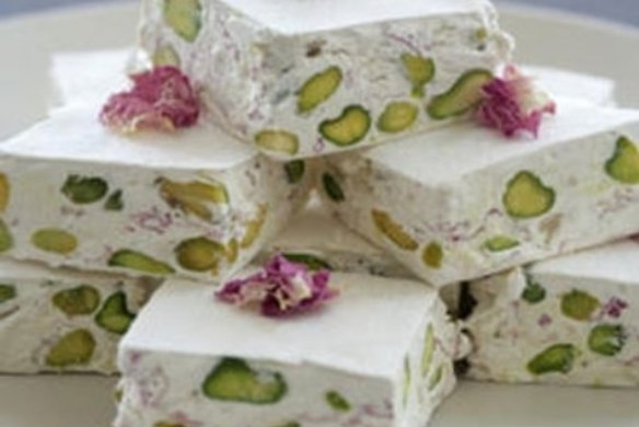 Pistachio and rose petal nougat