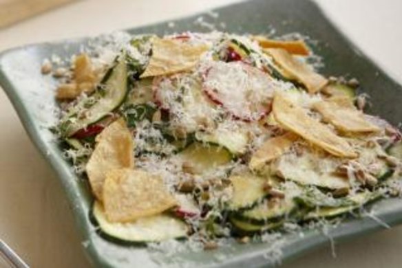 Zucchini with lime, pecorino and tortillas.