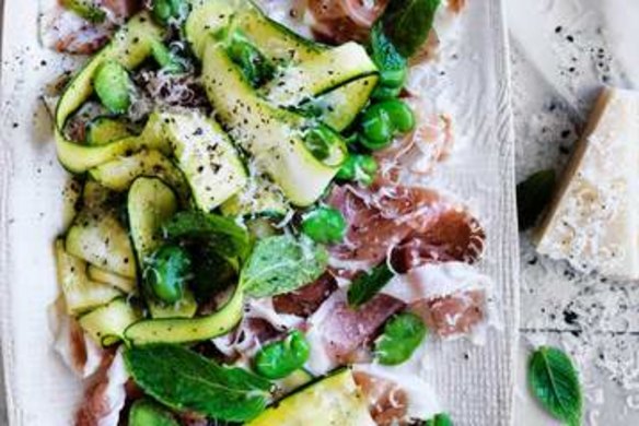 Zucchini, broad bean and mint salad with cured ham