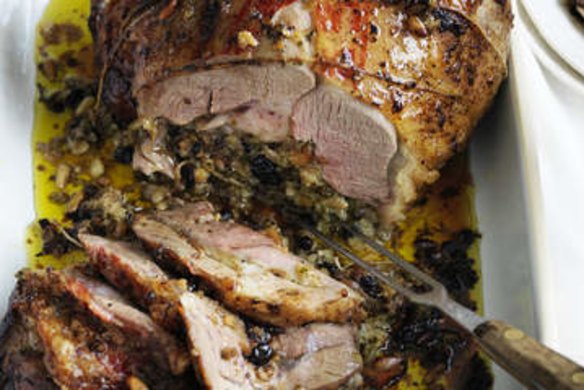 Leg of lamb with herb and pinenut stuffing.