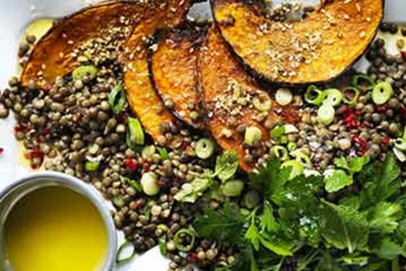 Neil Perry's warm pumpkin salad with lentils and chilli.