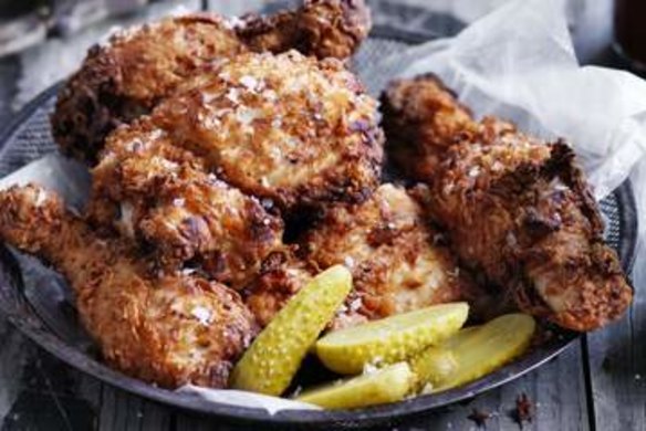 Sriracha fried chicken and pickles.