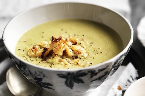 Cream of asparagus soup with parmesan croutons.