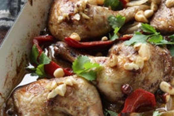 Chicken with saffron, honey and macadamias