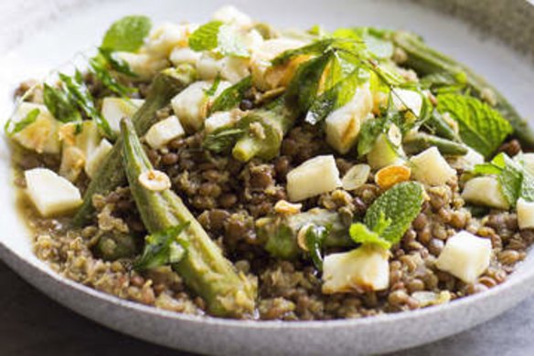 Lentil dhal with mint, haloumi and okra.