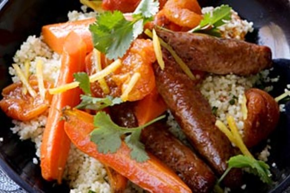 Apricot and ginger couscous with roast carrots and merguez.