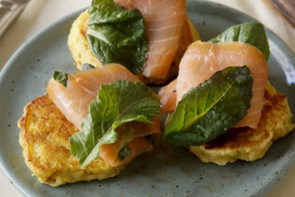 Oat pancakes with smoked salmon.