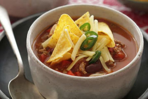 Chilli bean soup with corn chips.