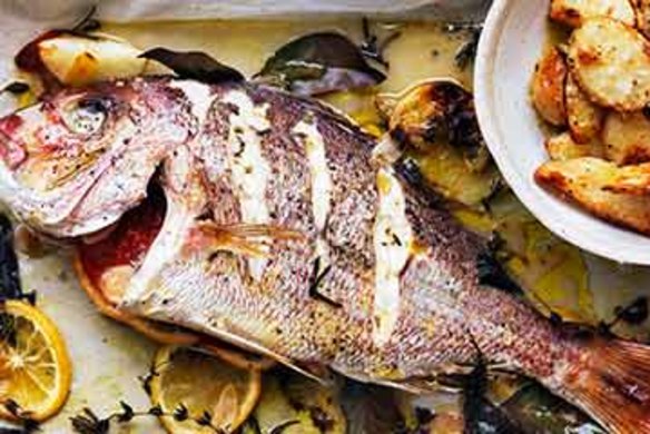 Whole snapper roasted with herbs and chat potatoes.