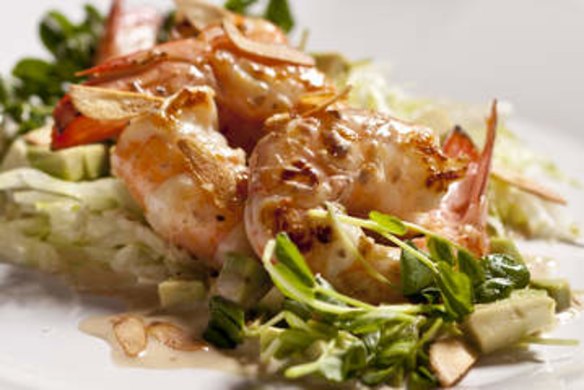 Prawns with lettuce, avocado, anchovies and crisp garlic.