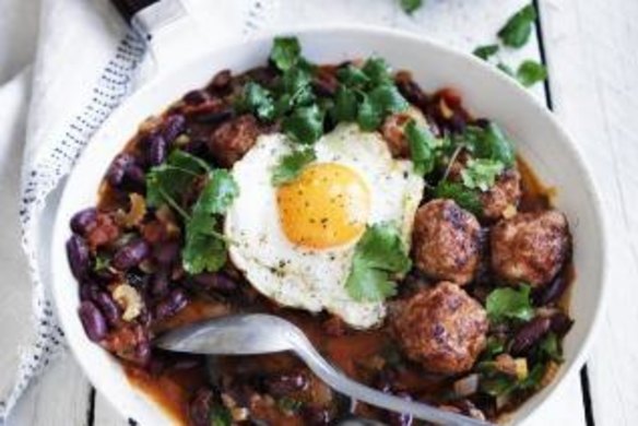 Chorizo meatballs, red beans and a fried egg.