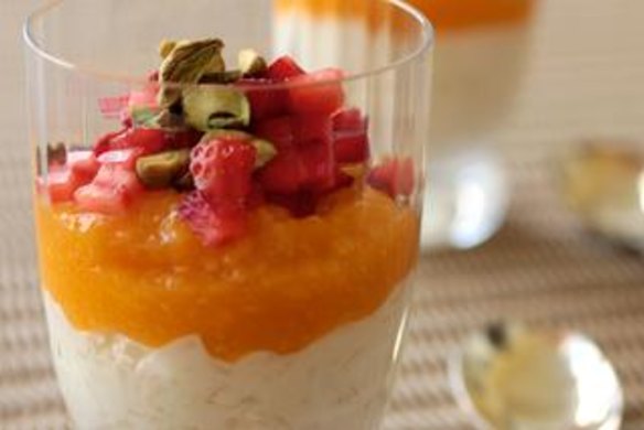 Mangoes and strawberries with coconut rice and toasted pistachios.