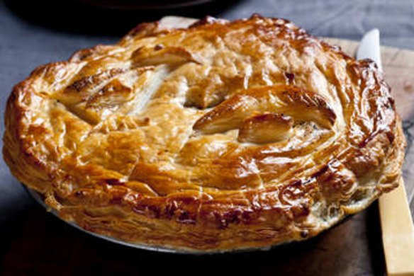 Chicken, leek and mushroom pie. Karen Martini MUSHROOMS recipes for Epicure and Good Food. Photographed by Marina Oliphant. Styling by Caroline Velik. Photographed May 28, 2013. The Age Newspaper and The Sydney Morning Herald.