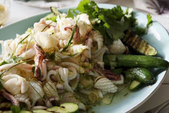 Thai spicy lime and chilli squid salad with charred cucumber.