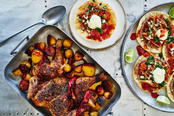 Danielle Alvarez's chicken diavola (left) and chicken tinga tostadas.