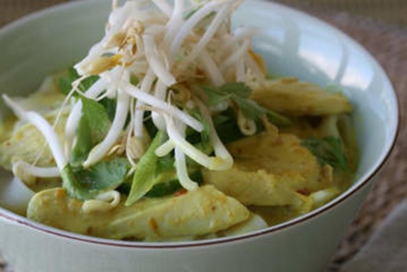 Spicy chicken laksa with rice noodles.