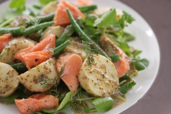 Salmon, potato and dill salad. Jill Dupleix Warm Autumn Salads recipes for Epicure. Photographed by Marina Oliphant. Food preparation and styling by Caroline Velik, plate and table runner from Safari Living, MUST CREDIT WITH EVERY USE.