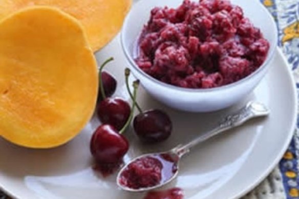 Mango cheeks with cherry granita