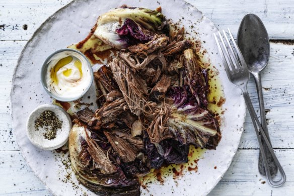 Slow roast lamb shoulder with balsamic-braised radicchio and aioli
