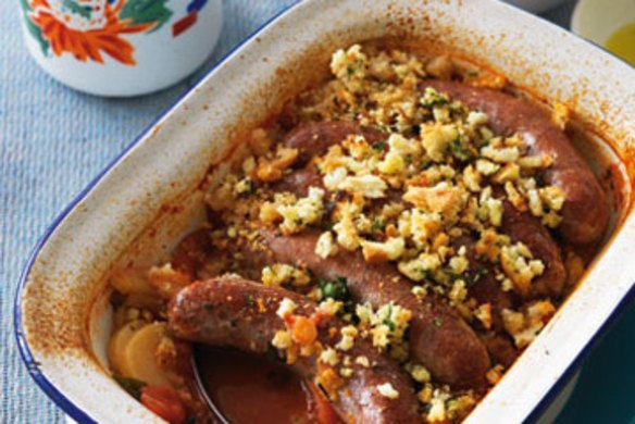 Baked sausages with herby breadcrumbs.