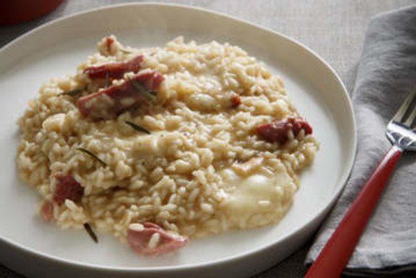 Smoked ham hock and taleggio risotto. Recipe by Karen Martini. To be used for upcoming recipe pages for Epicure/Good Food. Picture by Marcel Aucar, please credit. Styling by Marnie Rowe, please credit.