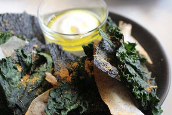 Kale, kelp and taro chips with goat's curd and olive-oil dip at the Roving Marrow.