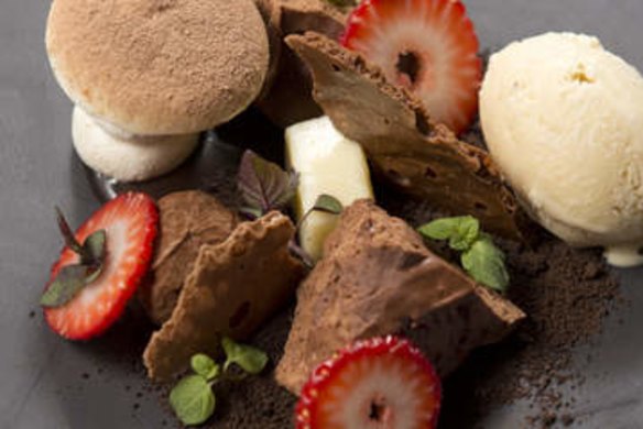 Chocolate 'forest' with marshmallow and meringue 'mushroom', tonka bean ice-cream and whisky truffle.