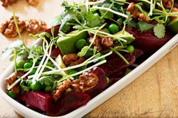 Beetroot and avocado salad with miso dressing and walnut brittle.