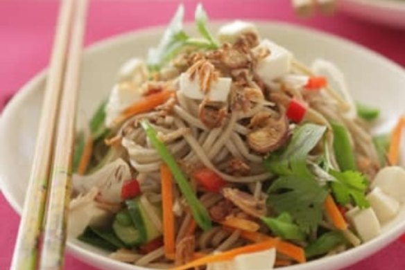 Japanese buckwheat noodle salad with tofu and soy-chilli dressing