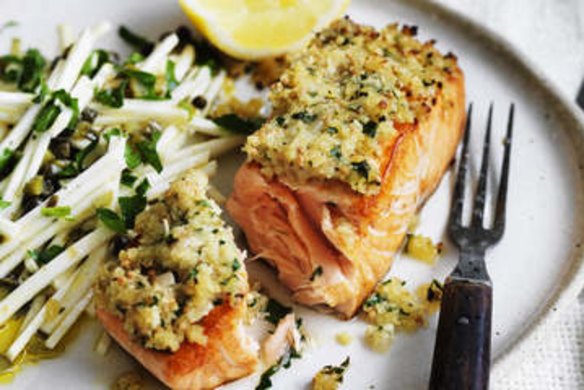 Salmon with a mustard crust on celeriac salad.