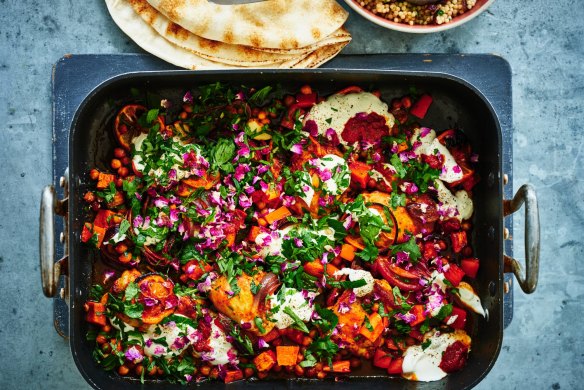 One-tray wonder: Harissa and maple chicken tray bake.