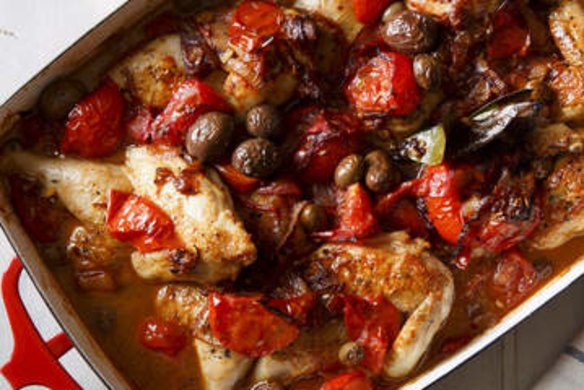 Baked poussin (or chicken) with tomato, sherry, fennel seeds, bay and olives.