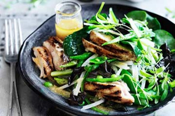Salad of chargrilled chicken with ginger-miso dressing,