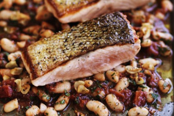 Crispy skin salmon with braised white beans