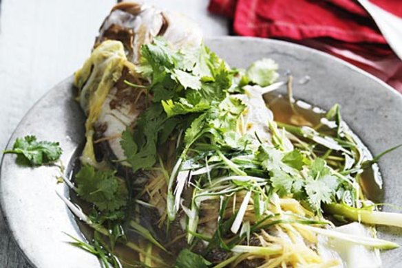 Steamed snapper with ginger and green onions.