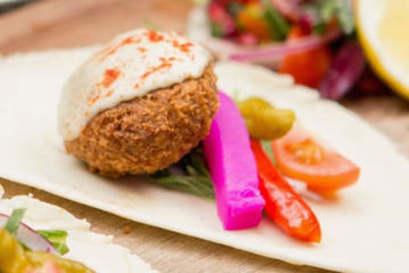 Felafel with pickled turnips, chillies, mint, tahini, saj bread.