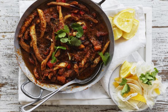 Neil Perry's tagine of squid, tomato and red capsicum 