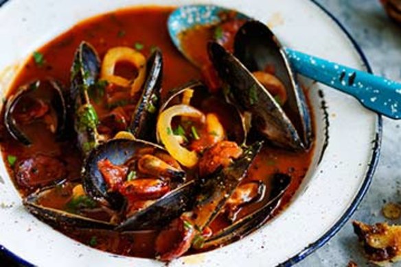 Steamed mussels with fennel, garlic and chorizo.