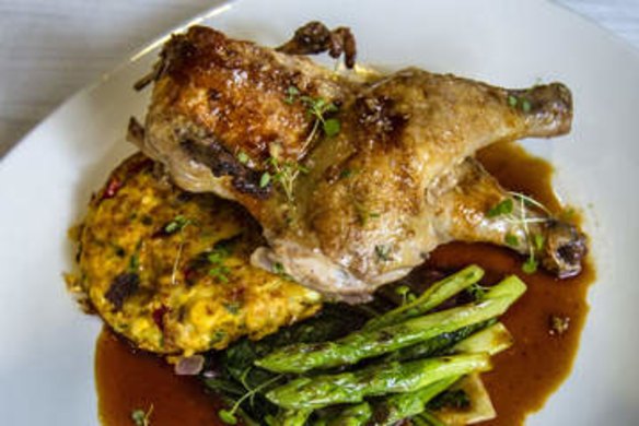 Spatchcock with corn fritter, asparagus and braised radicchio.